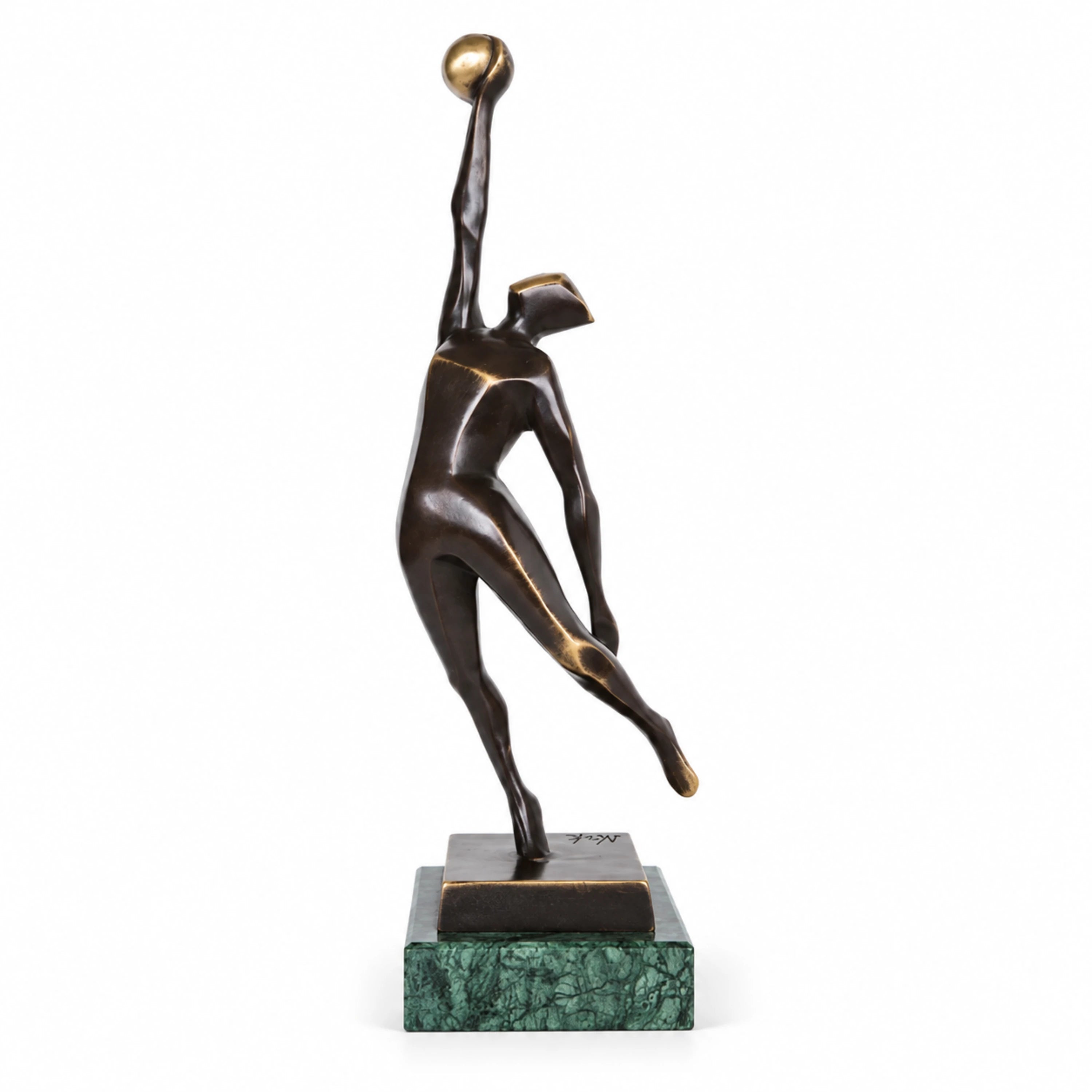 Handcrafted abstract bronze basketball player sculpture reaching upward with a golden ball in a dynamic scoring pose