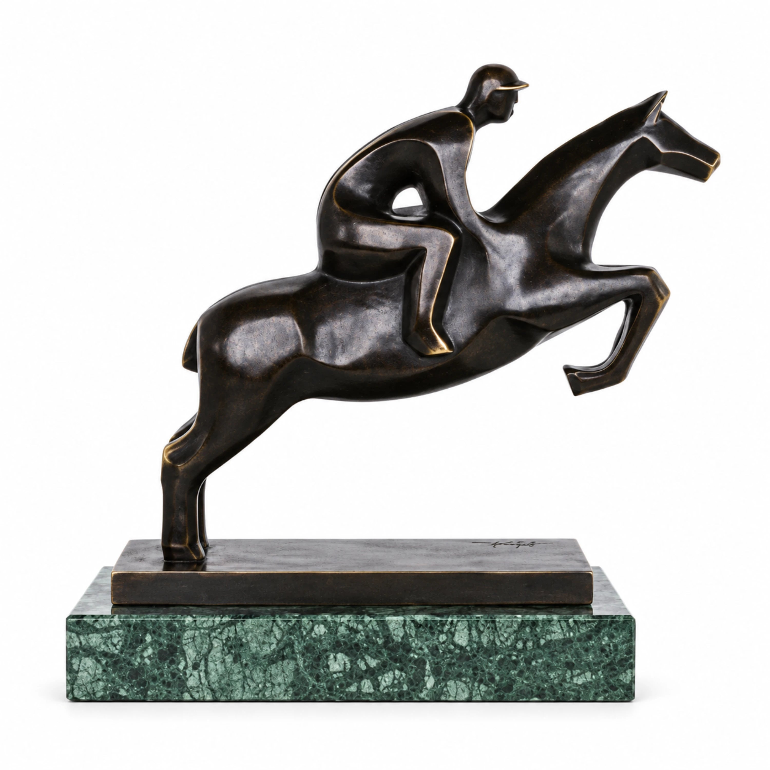 Handcrafted abstract bronze equestrian sculpture featuring a rider on a galloping horse