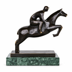 Handcrafted abstract bronze equestrian sculpture featuring a rider on a galloping horse