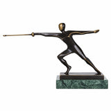 Handcrafted abstract bronze fencing sculpture showing a fencer in a dynamic lunge with sword extended