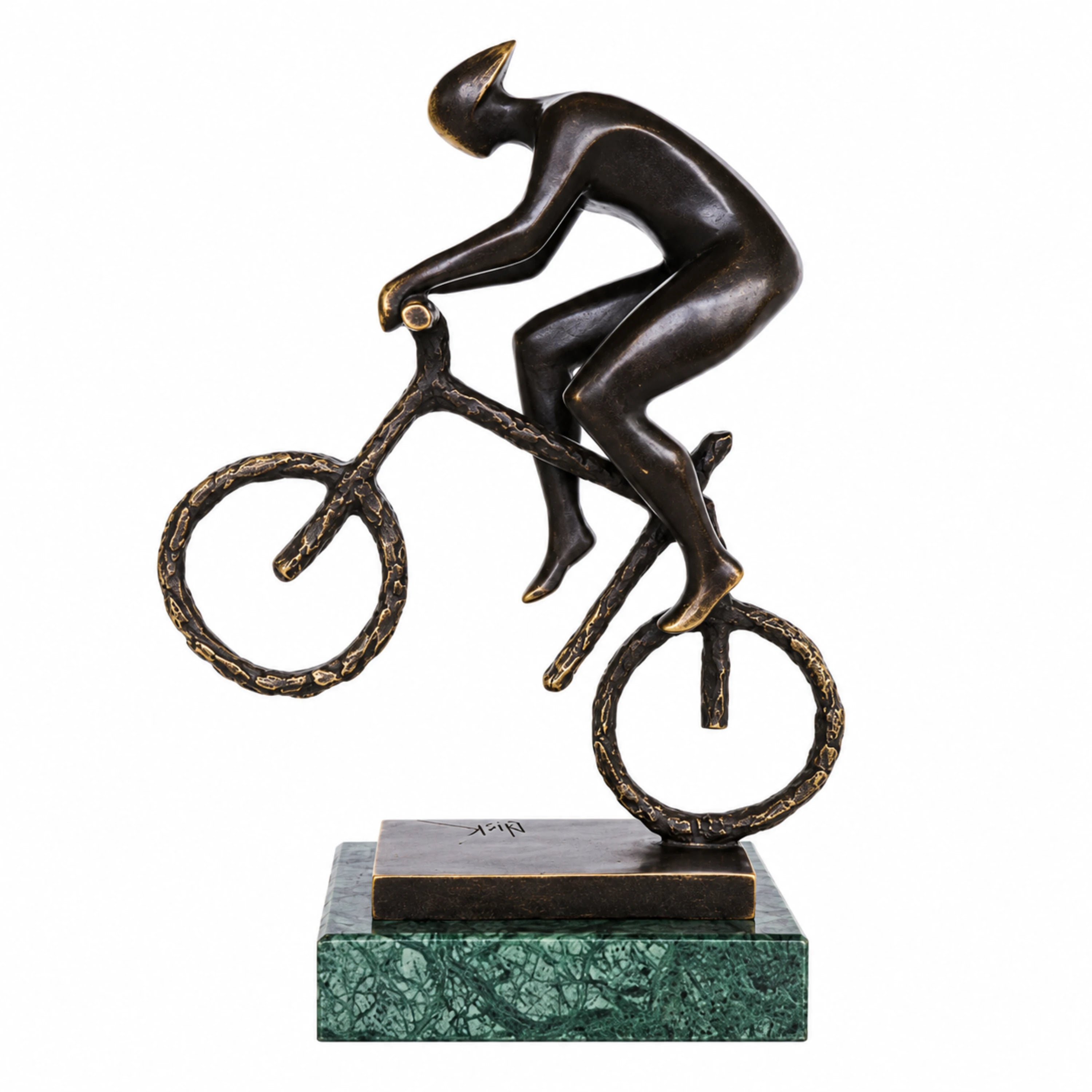 Handcrafted abstract bronze mountain bike sculpture featuring a cyclist in a dynamic off-road riding pose