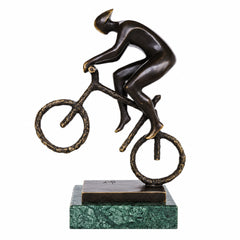 Handcrafted abstract bronze mountain bike sculpture featuring a cyclist in a dynamic off-road riding pose
