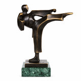 Abstract bronze martial artist statue in a high kick pose with dark patina and green marble base