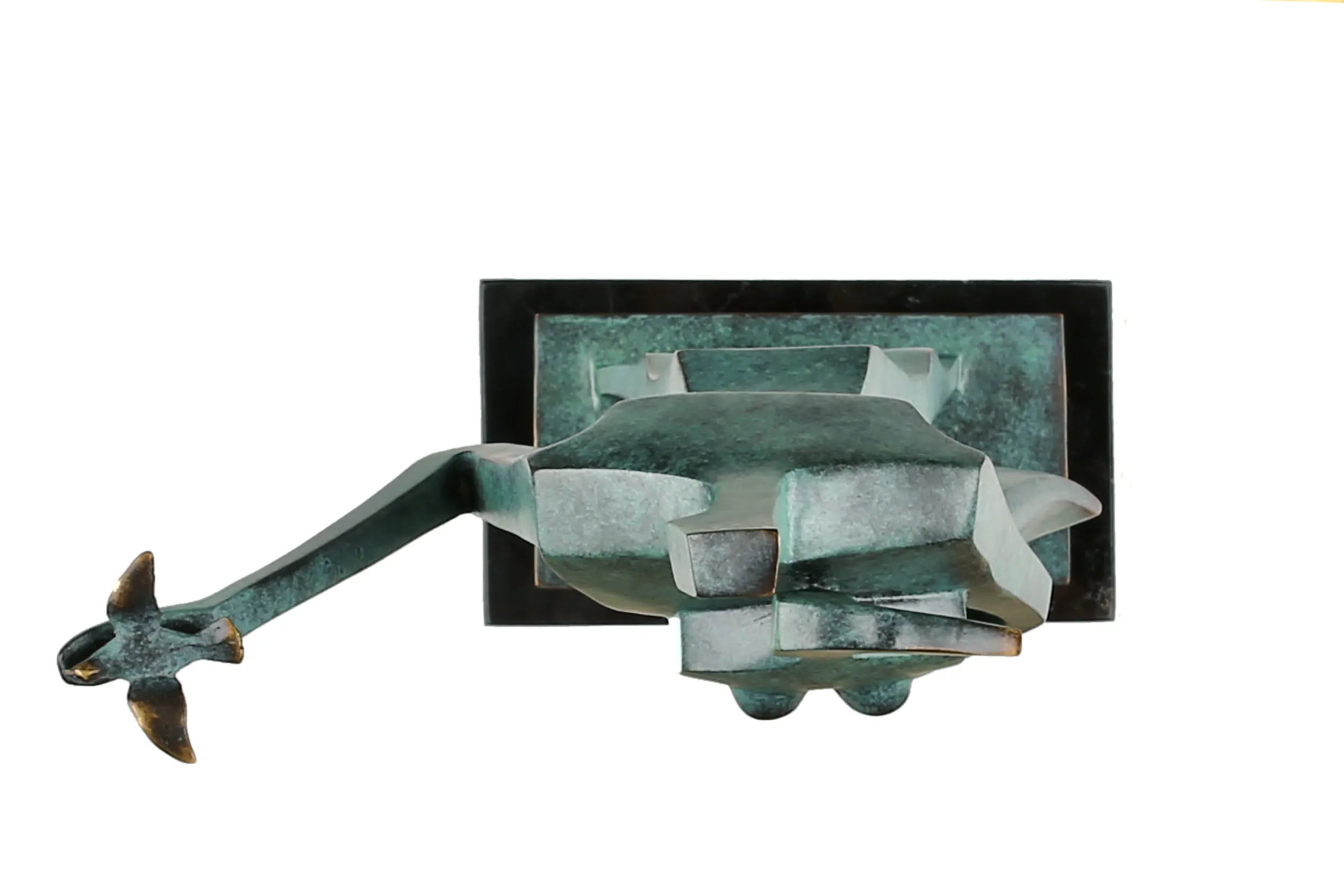 Underside view of the abstract couple bronze sculpture and its rectangular base