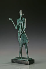 Right angled view of abstract couple bronze statue showing the overlapping figures and raised arm