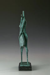 Side view of contemporary bronze couple sculpture with elongated geometric silhouettes