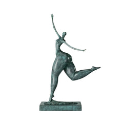 Front view of abstract dancing woman bronze sculpture balancing on one leg with outstretched arms