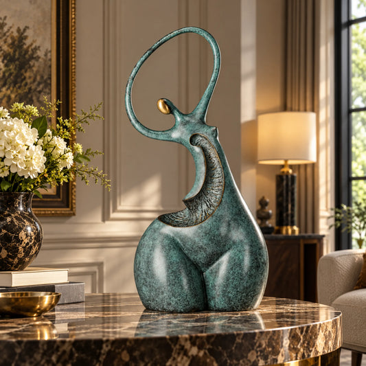 Abstract dancing woman bronze sculpture displayed on a stone pedestal in a modern interior