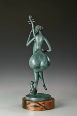 Rear view of the abstract female musician sculpture showing her seated pose and raised pipa