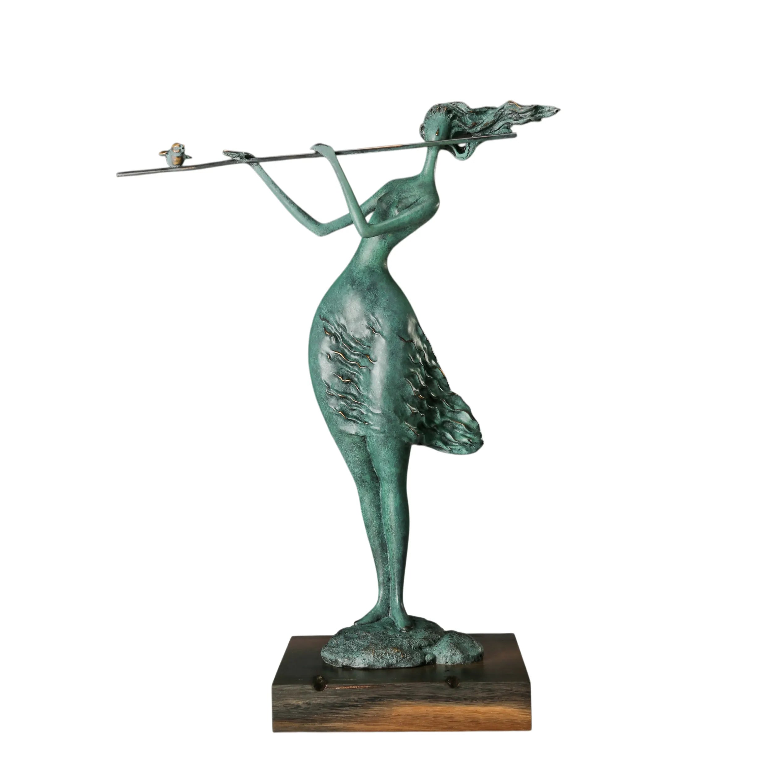 Front view of abstract woman playing a flute with a small bird perched on the instrument