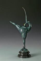 Front view of abstract gymnast bronze statue with green patina and black base