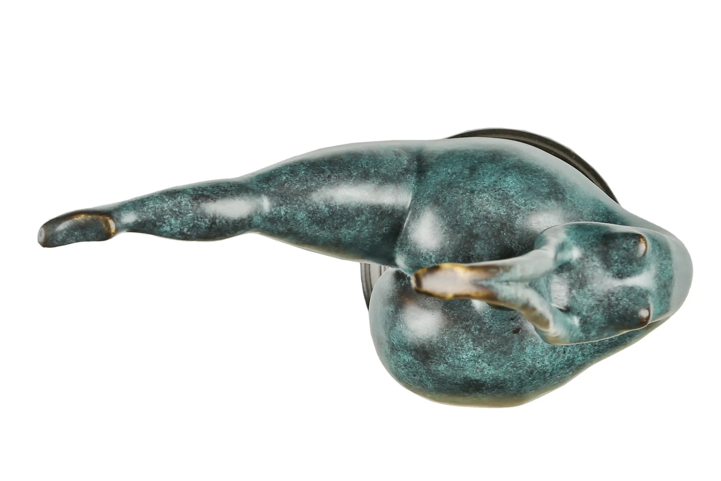 Top view of abstract female gymnast bronze sculpture showing its extended leg and curved pose