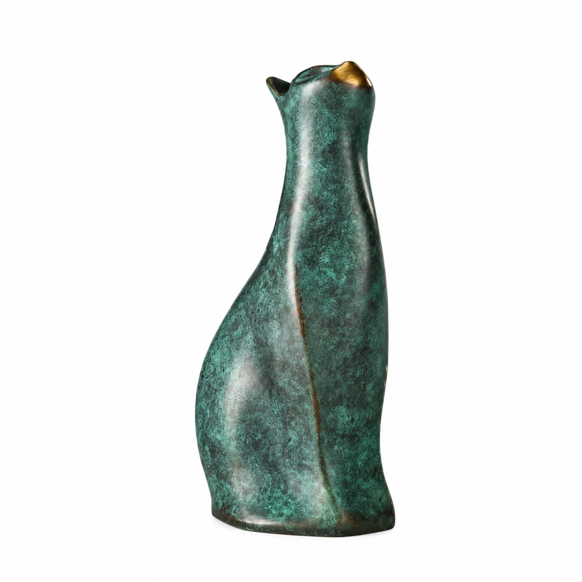 Handcrafted abstract looking up cat bronze sculpture with elongated form and green patina