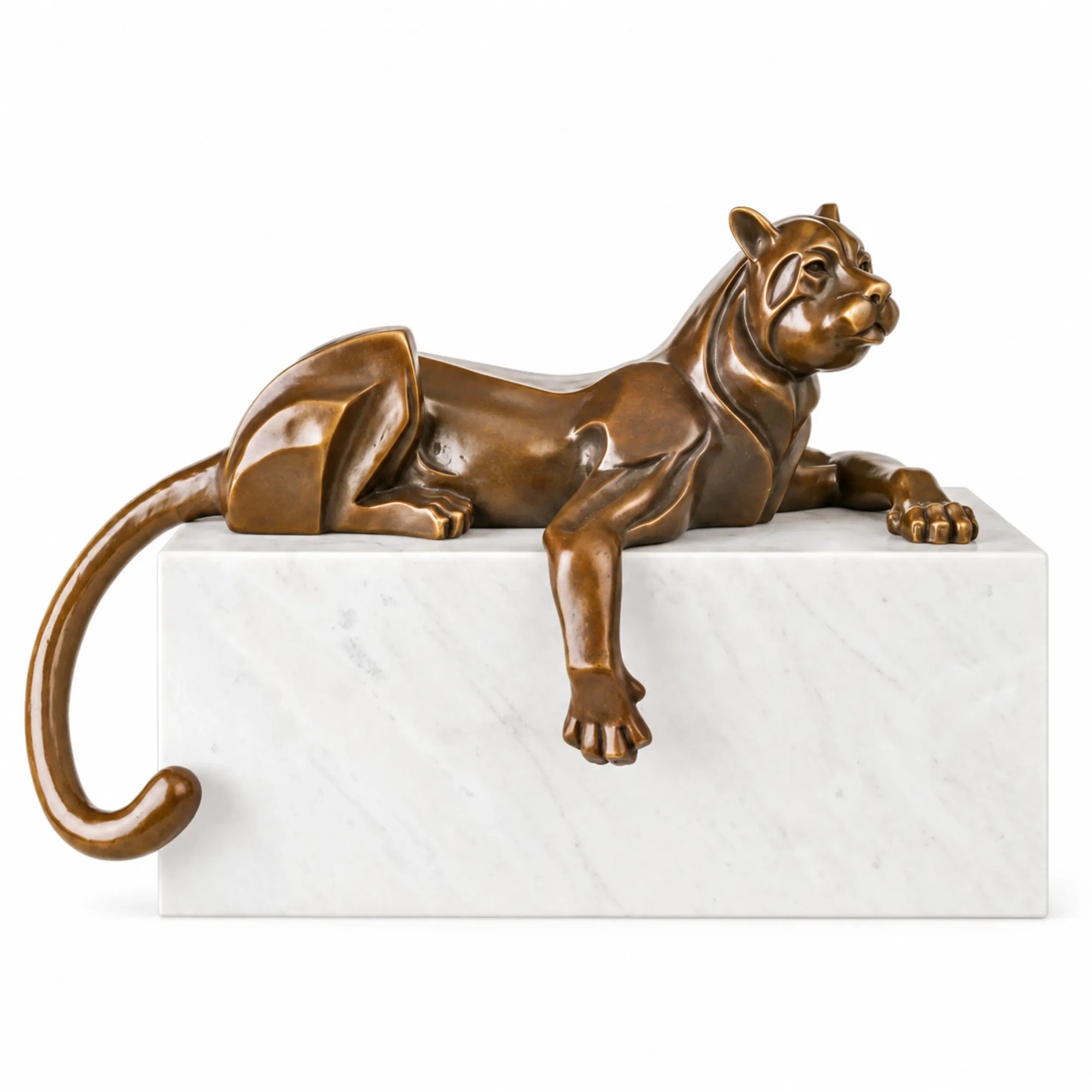 Handcrafted abstract lying cat bronze sculpture in a lounging pose with a long curved tail