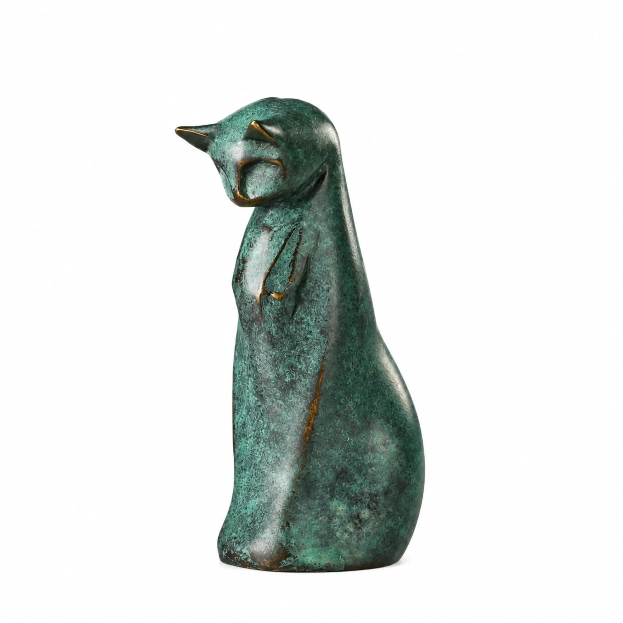 Handcrafted abstract pensive cat bronze sculpture with a lowered head and green patina