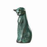 Handcrafted abstract pensive cat bronze sculpture with a lowered head and green patina
