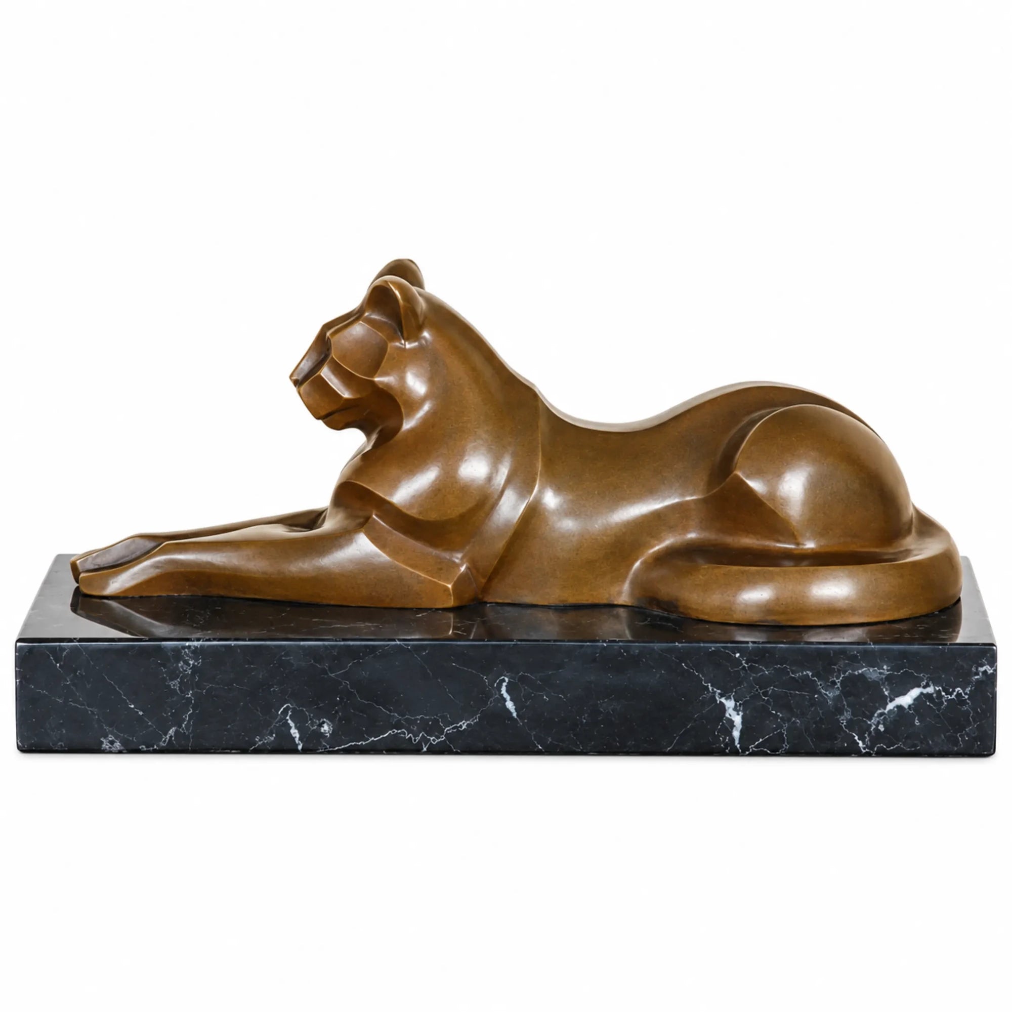 Handcrafted abstract resting cat bronze statue on a black marble base