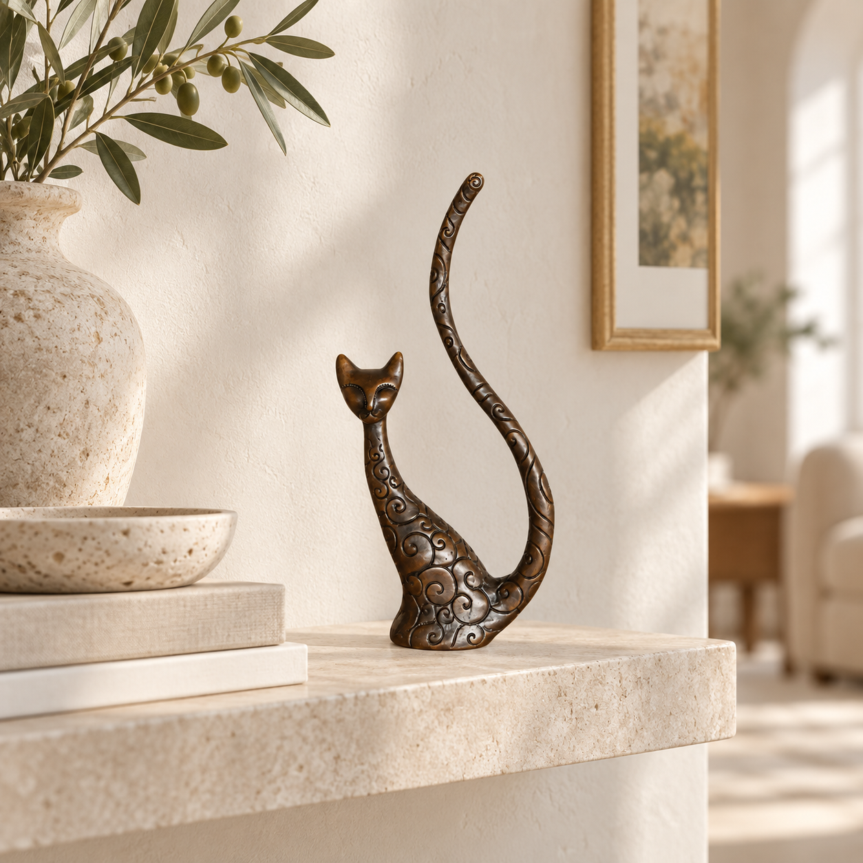 Abstract sitting cat bronze sculpture with curved tail displayed in a modern interior