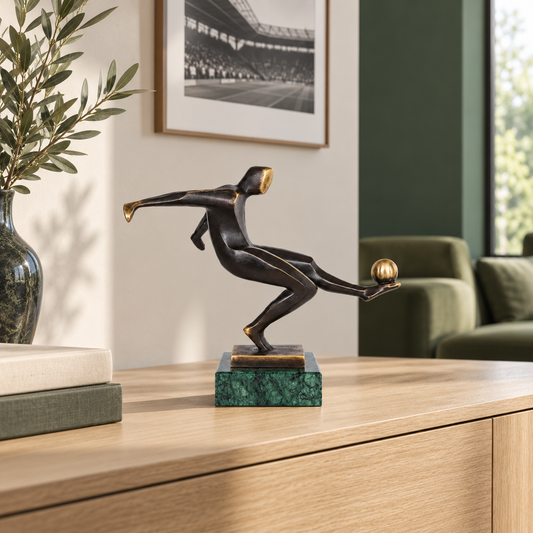 Abstract Soccer Player Bronze Sculpture displayed in a minimalist interior