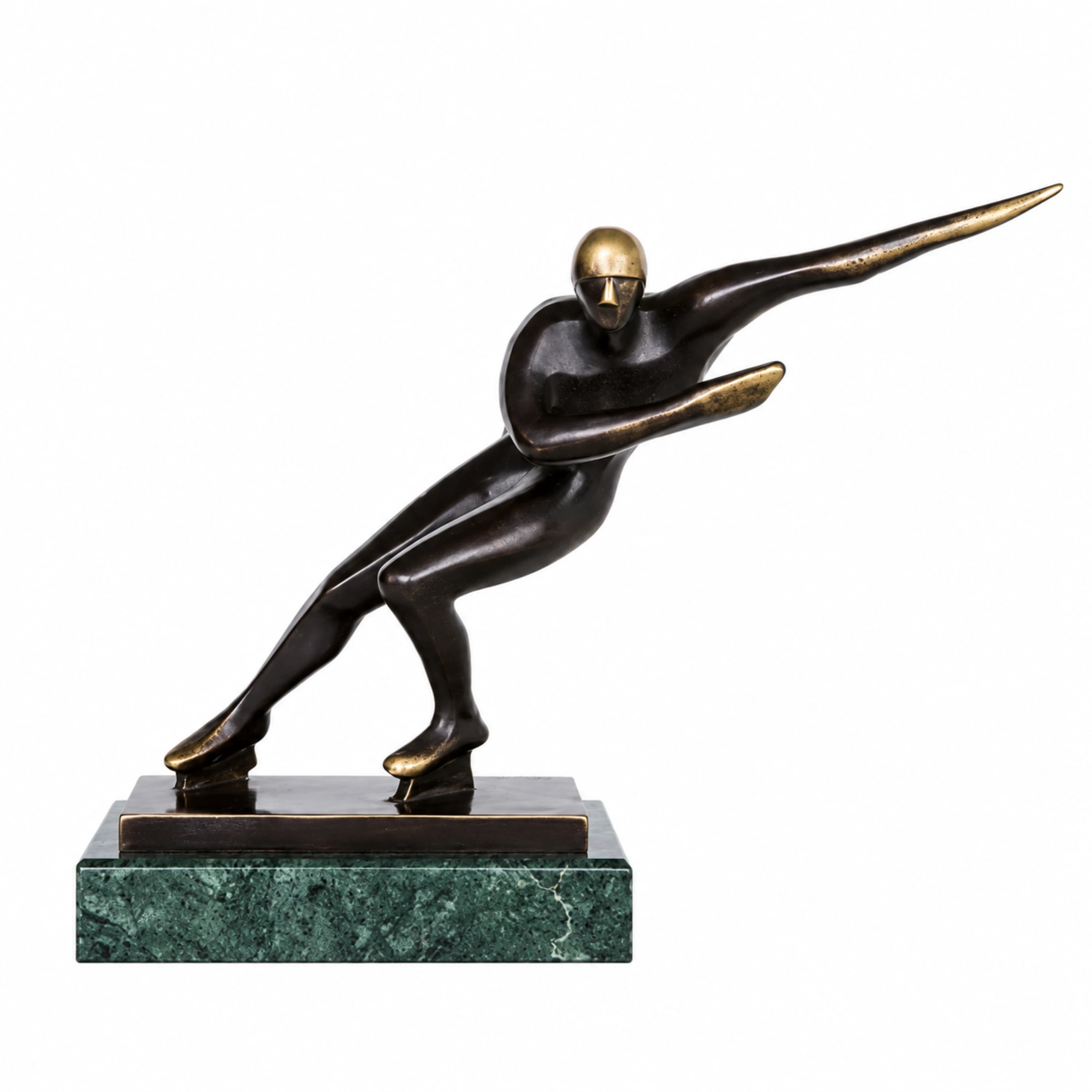 Handcrafted abstract bronze speed skater sculpture in a low dynamic racing stance