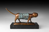 Right view of modern walking cat bronze statue on a marble base