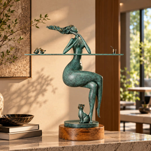 Abstract seated woman with birds and cat bronze sculpture displayed on a marble console in a warm modern interior