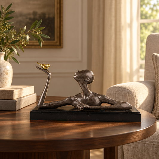 Abstract bronze woman holding a golden bird displayed on a wooden side table in a warm living room