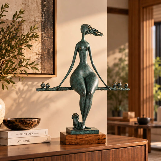 Abstract woman with birds bronze sculpture displayed on a console in a modern living room