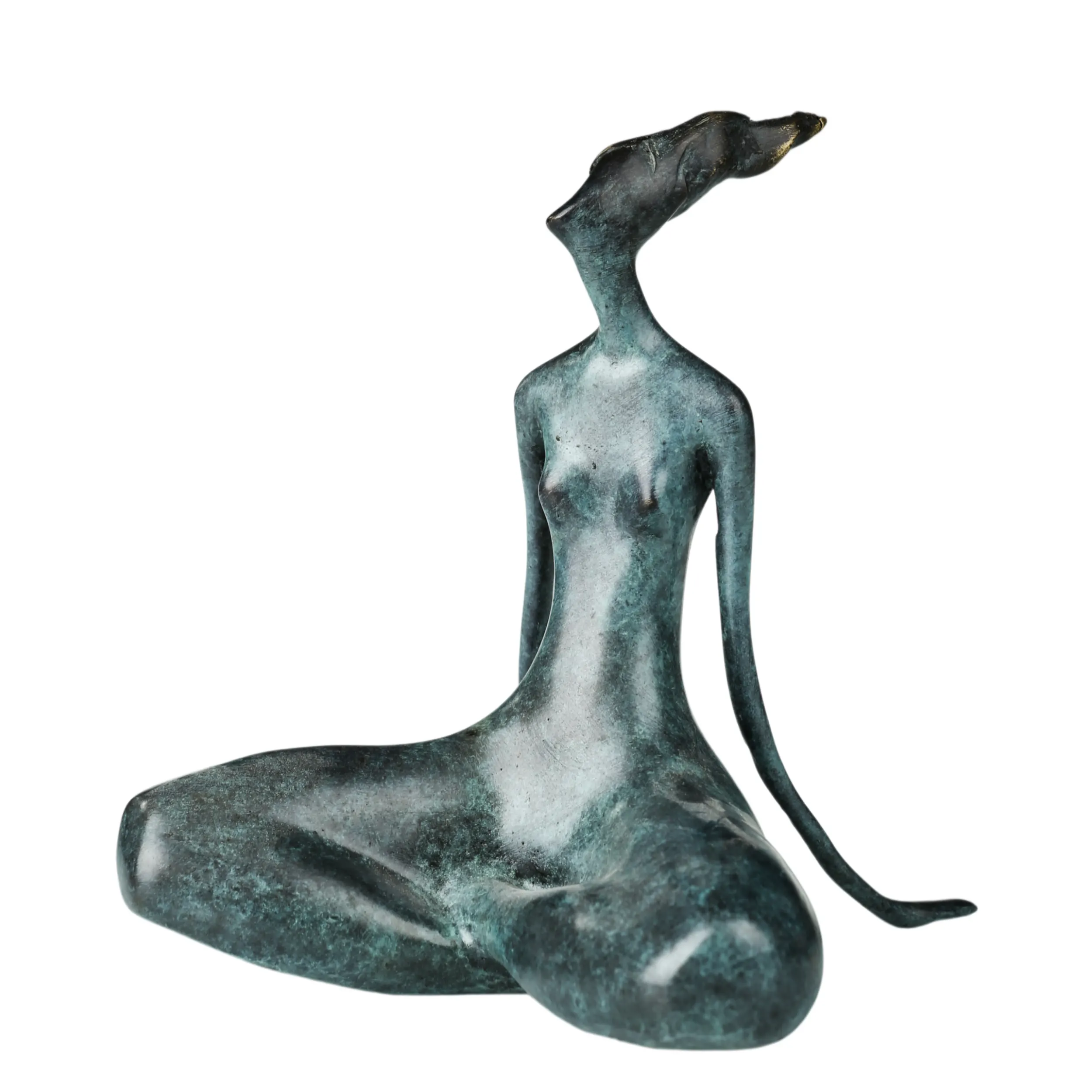 Front view of abstract seated yoga woman bronze sculpture with green patina