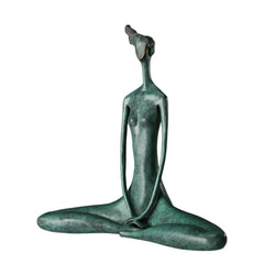 Abstract yoga woman bronze sculpture with folded legs, long neck, and green patina