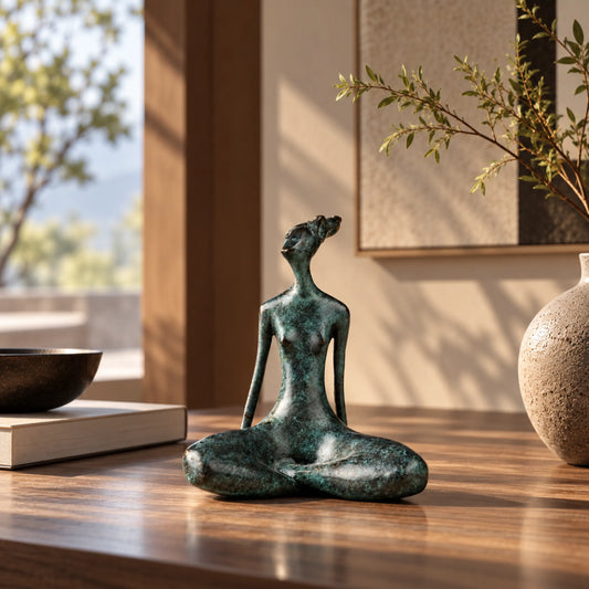 Abstract yoga woman bronze sculpture in a cross-legged meditation pose displayed on a travertine console in a warm modern interior.