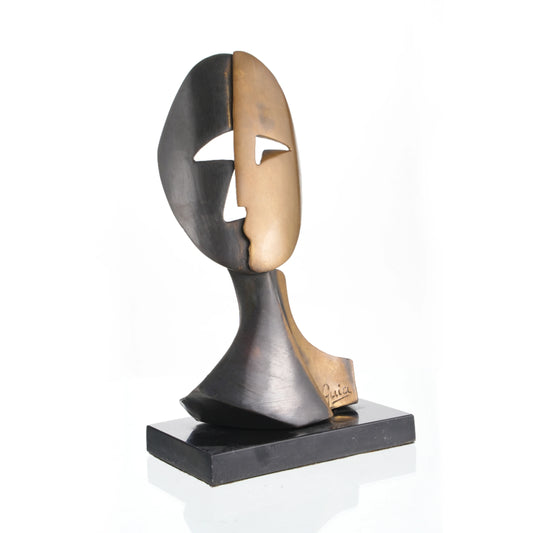 Modern abstract bronze split-face bust statue, signed Guia Cubist style art, black and warm bronze two-tone patina on polished plinth.