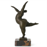 This abstract bronze sculpture portrays a plump dancer in a dynamic, expressive posture. The flowing lines and simplified form emphasize movement and rhythm rather than realistic detail, highlighting the dancer’s confident stretch and free-spirited vitality.
