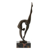 This abstract dancer bronze sculpture features a highly stretched pose formed with minimalist lines, expressing strong movement and artistic tension. Crafted in bronze with a vintage metal finish, it combines lightness and strength, making it an ideal accent for modern art-inspired interiors.