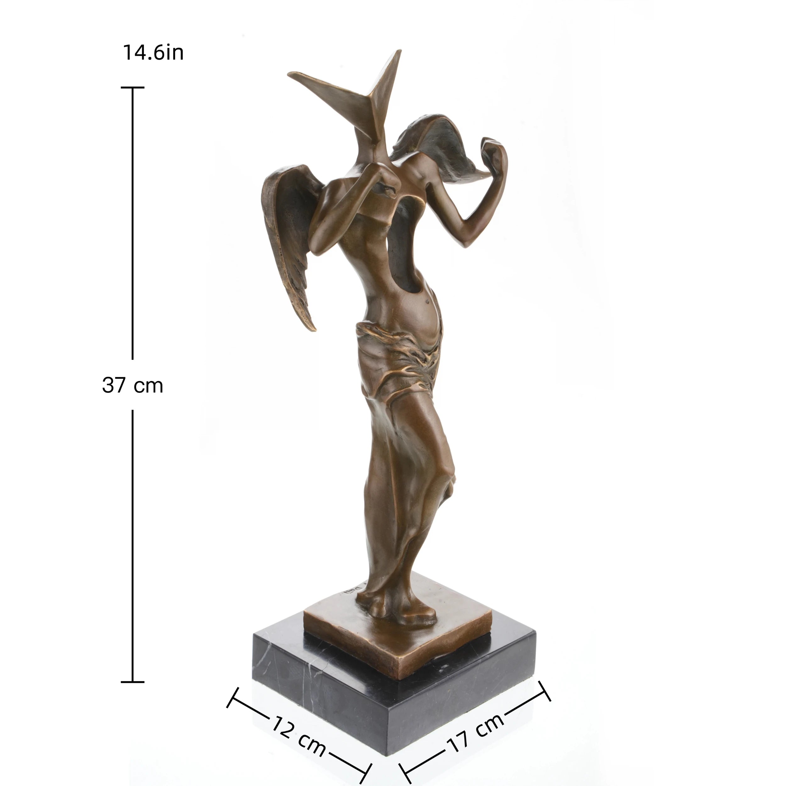 Surrealist bronze angel sculpture with hollow torso and geometric head, abstract winged statue on black marble base, loss wax casting avant-garde art.