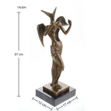 Surrealist bronze angel sculpture with hollow torso and geometric head, abstract winged statue on black marble base, loss wax casting avant-garde art.