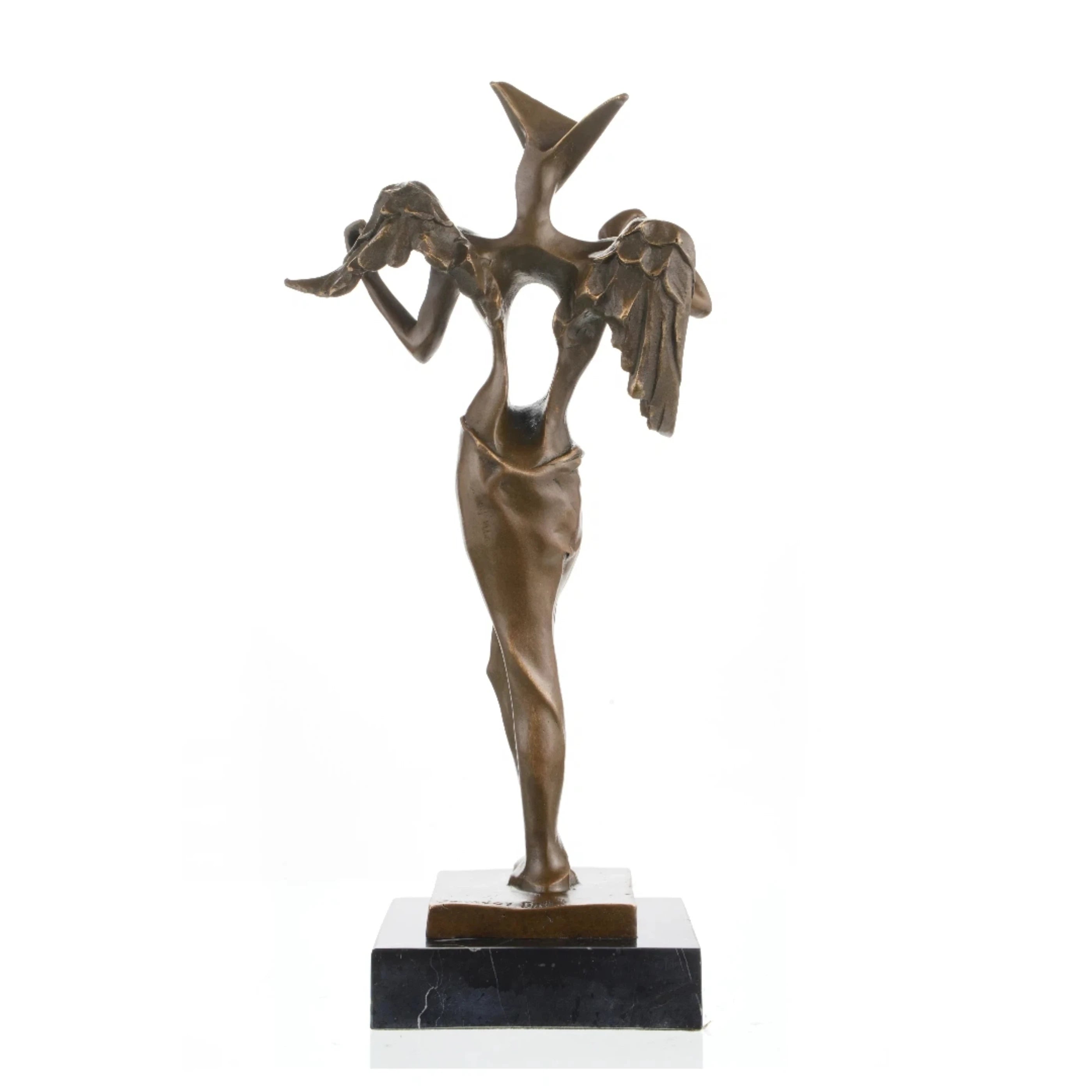 Surrealist bronze angel sculpture with hollow torso and geometric head, abstract winged statue on black marble base, loss wax casting avant-garde art.