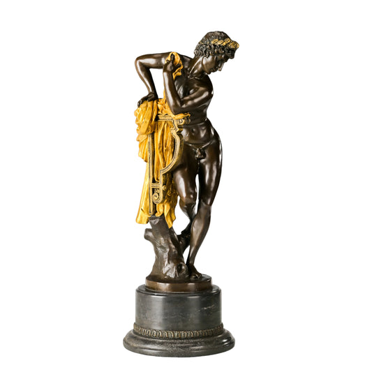 Apollo bronze sculpture with lyre and laurel wreath on marble base