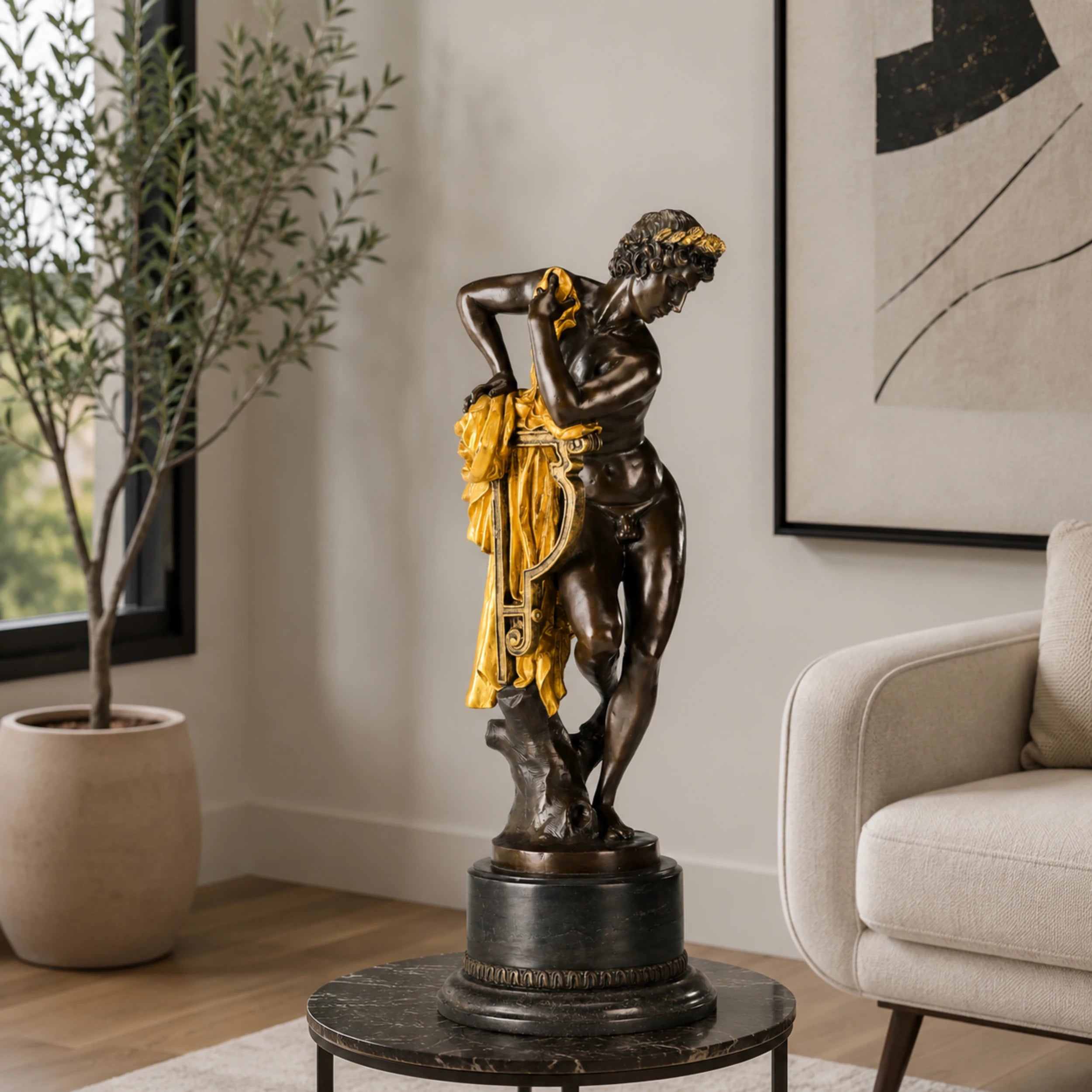 Apollo bronze sculpture displayed in an elegant classical interior