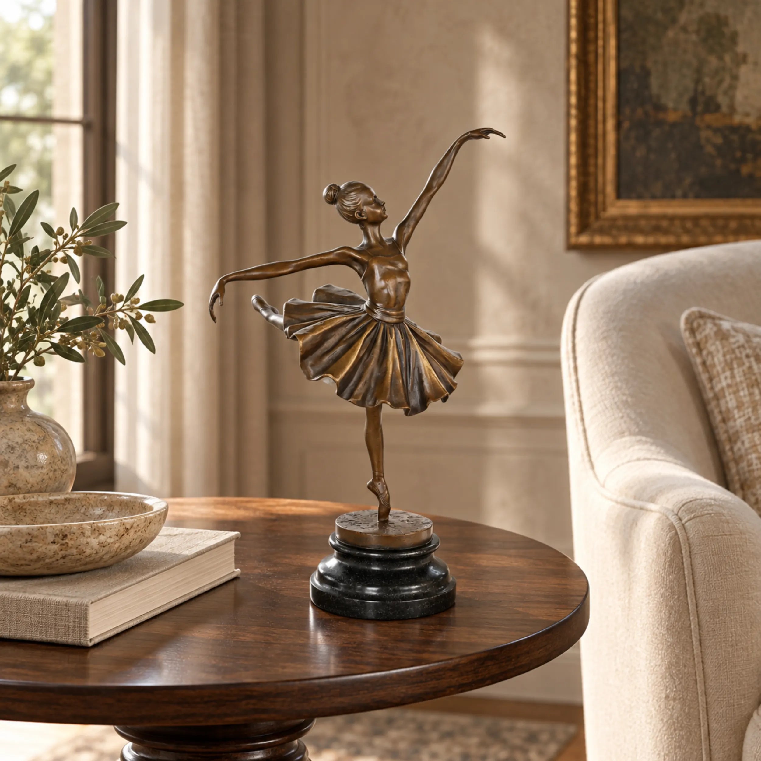 Arabesque ballerina bronze sculpture displayed in an elegant living room as decorative art