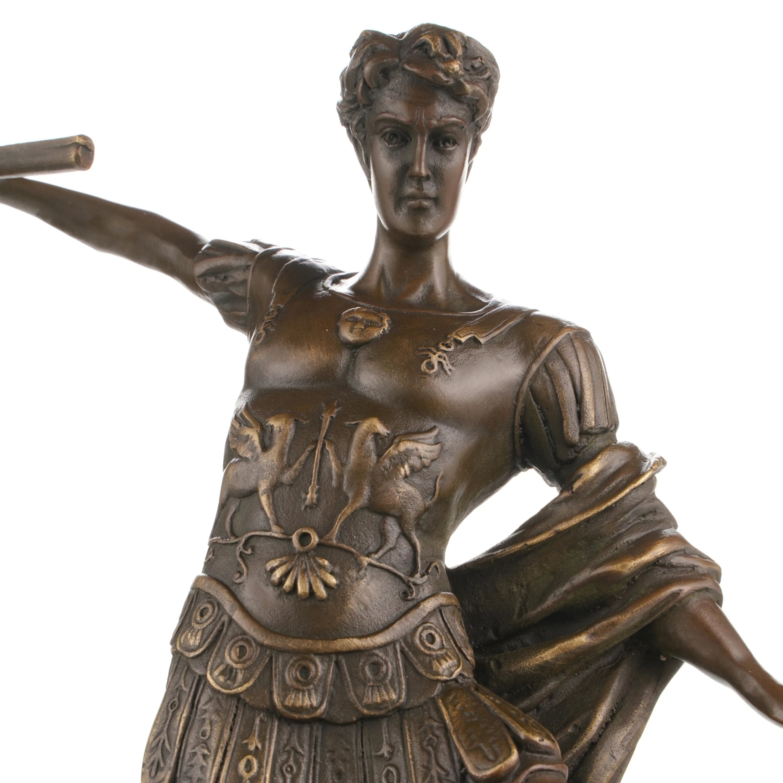 Close-up of Saint Michael armor detail in bronze