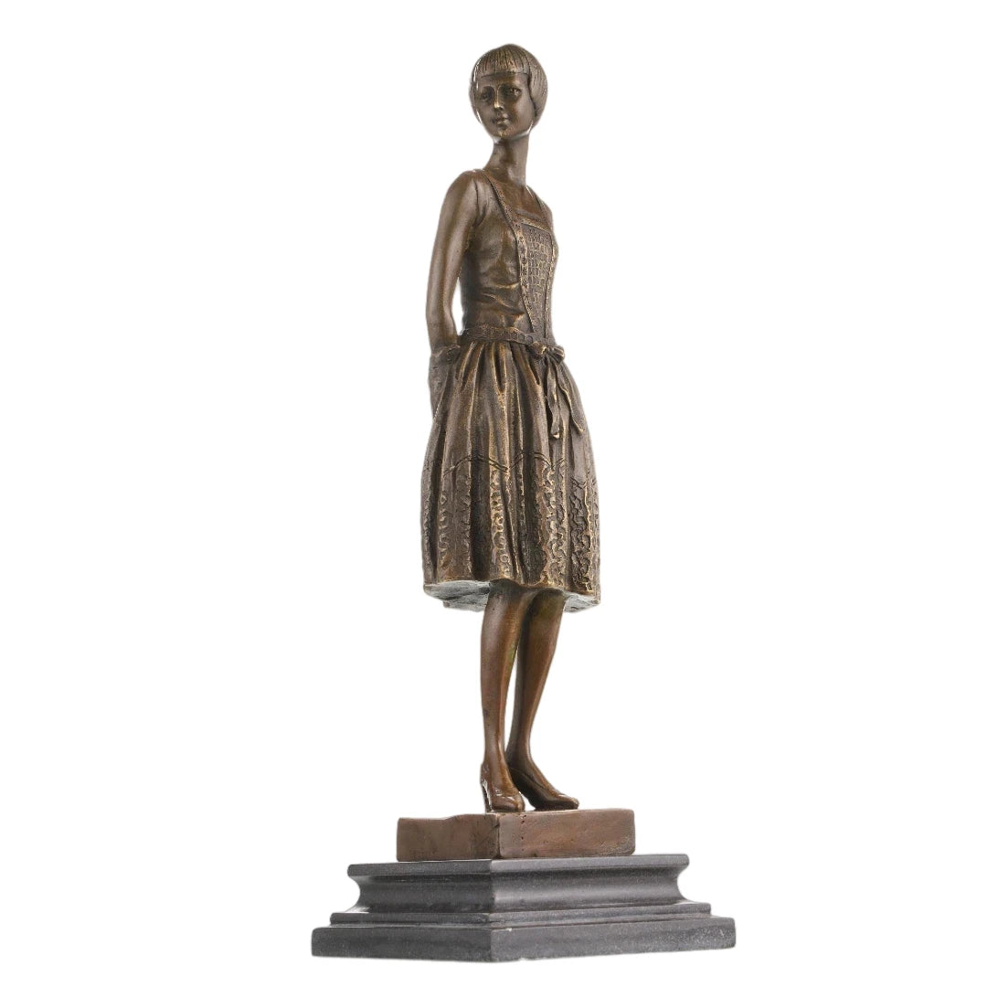 Handcrafted Art Deco-inspired bronze woman sculpture with short hair and elegant vintage dress