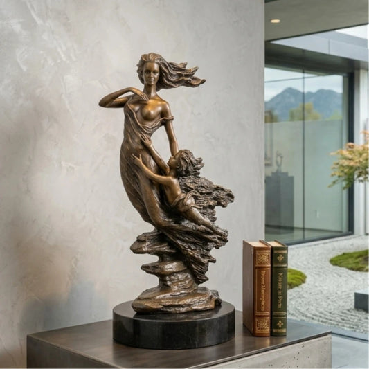 Art Nouveau mother and child bronze sculpture displayed as elegant home décor