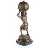 Bronze Atlas holding celestial sphere statue on marble base
