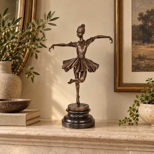 balancing ballerina bronze sculpture displayed in an elegant living room as decorative art