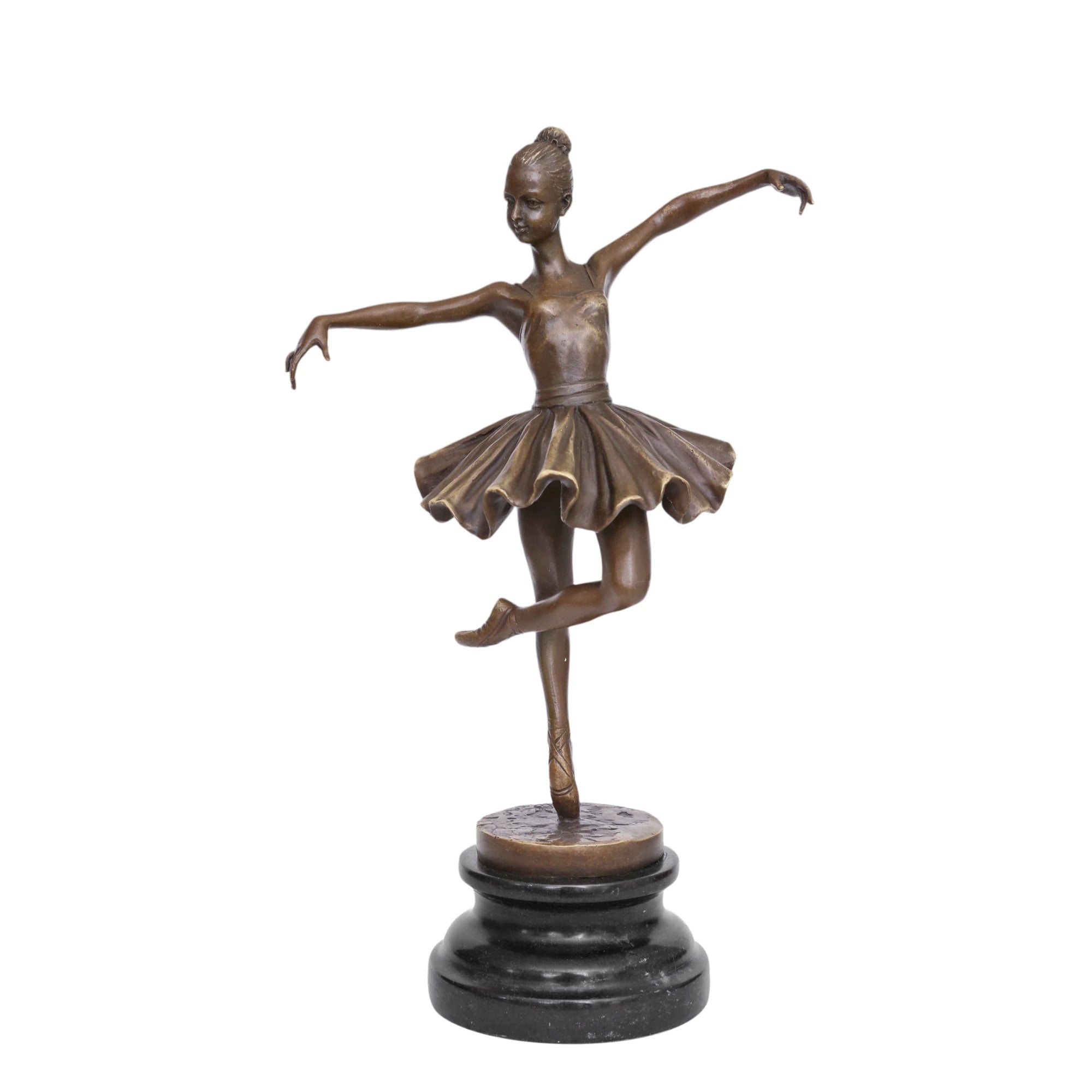 Front view of poised ballerina bronze sculpture balancing on one pointe shoe with arms extended