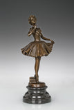 Three-quarter view of ballerina bronze sculpture gently lifting her skirt