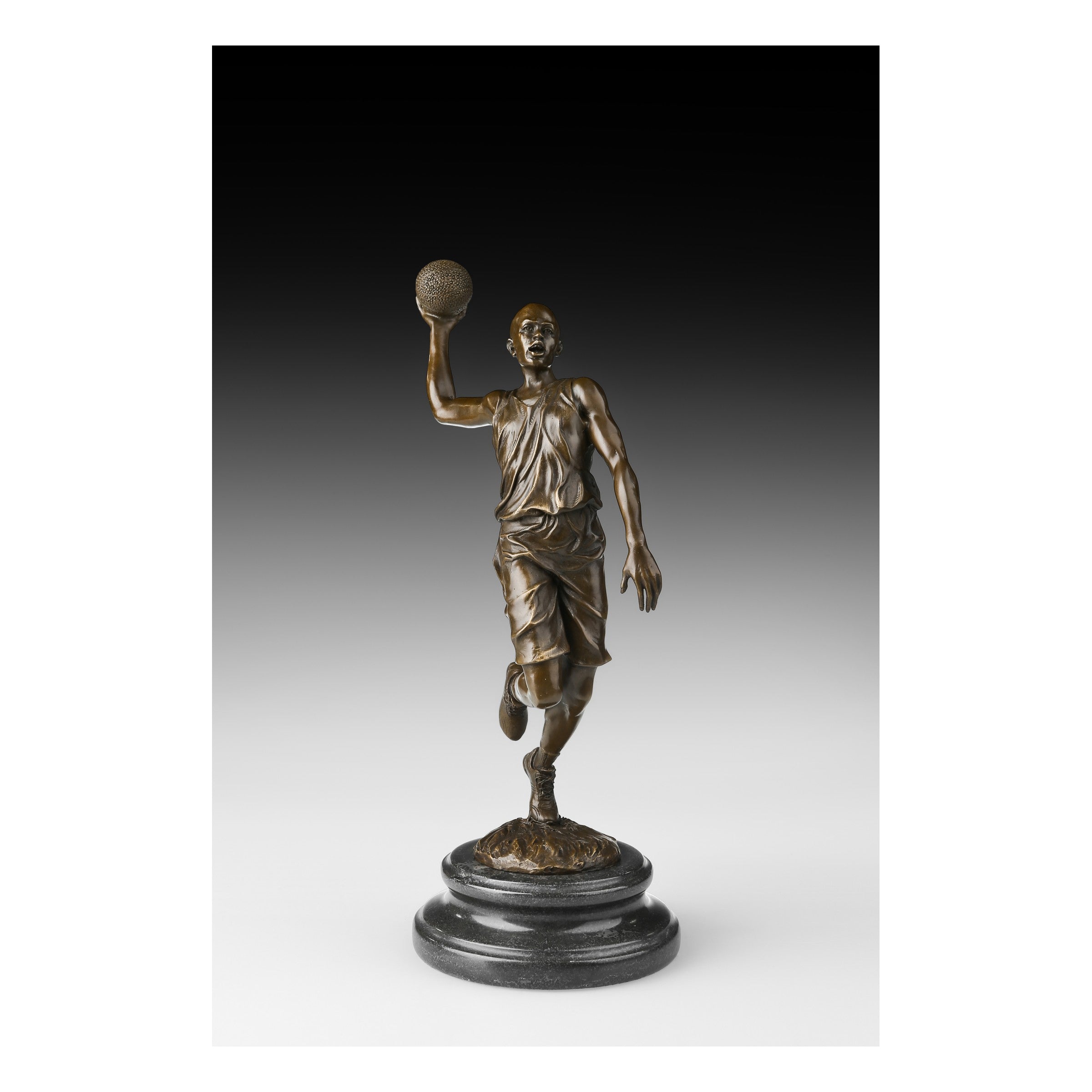 Basketball Player bronze sculpture on a black marble base, main studio view