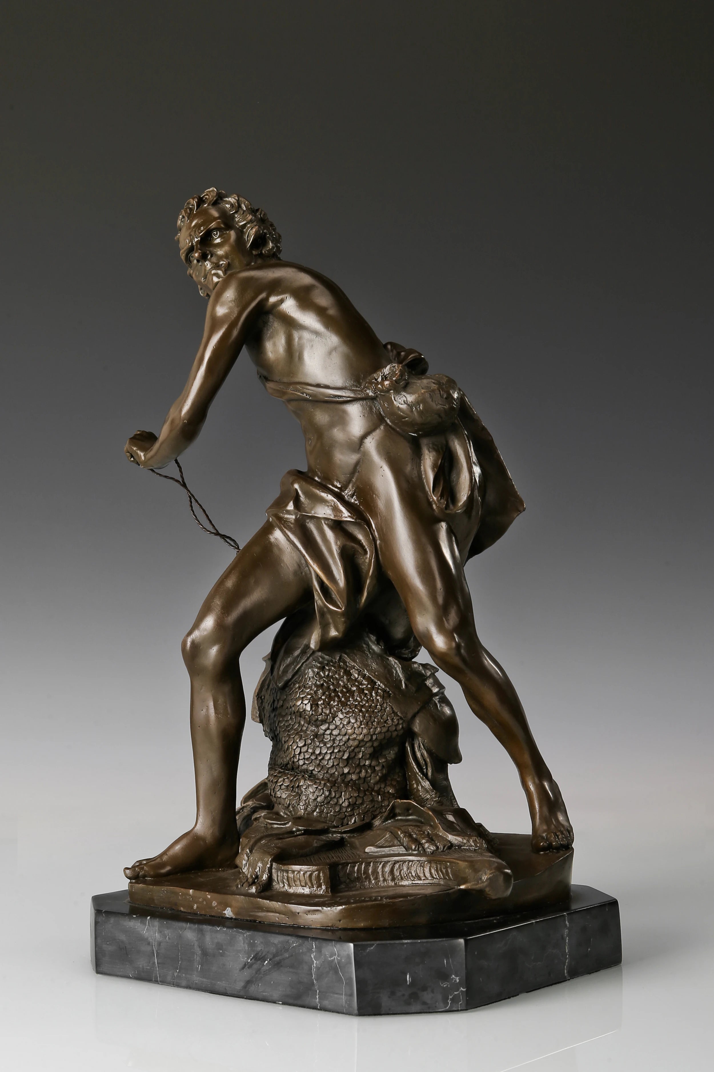 Three-quarter view of handcrafted Bernini David bronze statue
