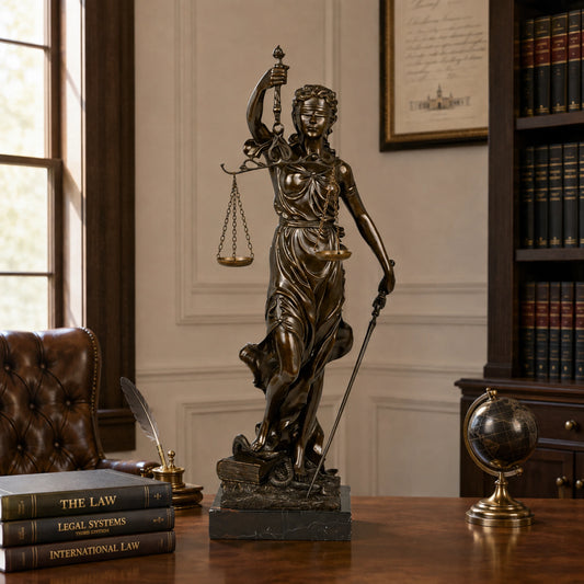 Blindfolded Lady Justice bronze statue displayed as professional law office and legal library decor